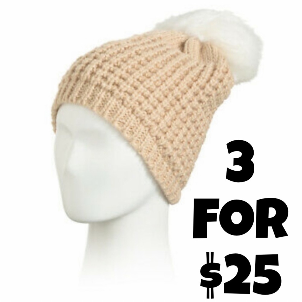 Kyu Kyu Canada Tan Knit Pom Beanie Hat NWT